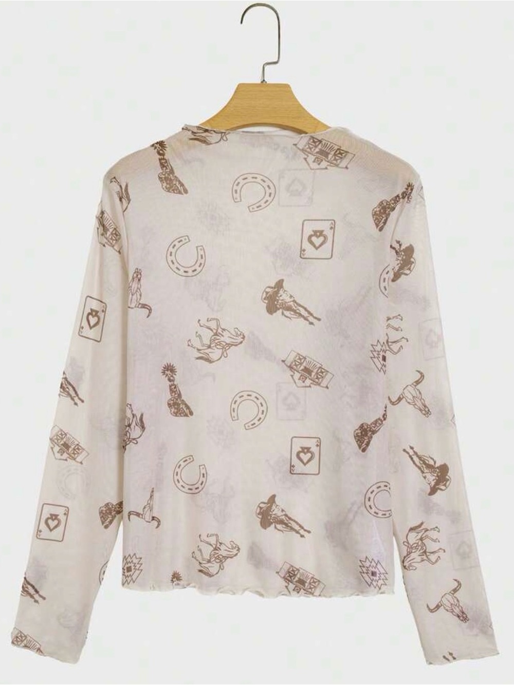 Women’s Sheer Long Sleeve Western Print Top - Cream/Brown